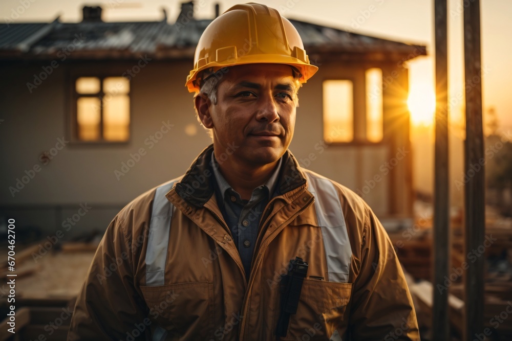 Happy master foreman in uniform and helmet watches, controls the construction of the house during autumn sunset with a sun flares in the background. Generative Ai. Happy master foreman in uniform and helmet watches, controls the construction of the house during autumn sunset with a sun flares in the background. Generative Ai.