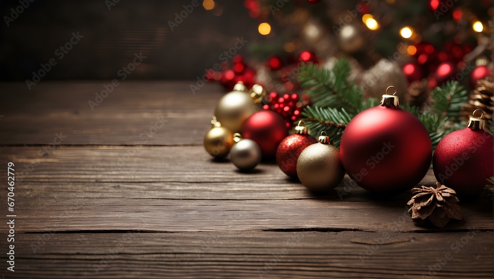 Christmas ornaments arranged on a wooden table, including red and gold baubles and pine cones, with a beautifully decorated Christmas tree in the background. Christmas ornaments arranged on a wooden table, including red and gold baubles and pine cones, with a beautifully decorated Christmas tree in the background.