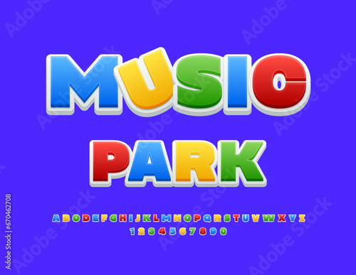 Vector funny banner Music Park. Colorful modern Font Creative set of Alphabet Letters and Numbers