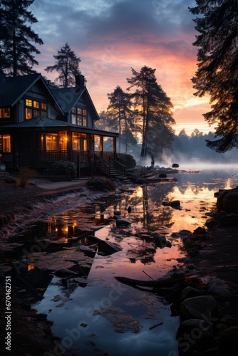 Lakeside cabin house at sunrise with mist rising from the water, Generative AI  © Shooting Star Std