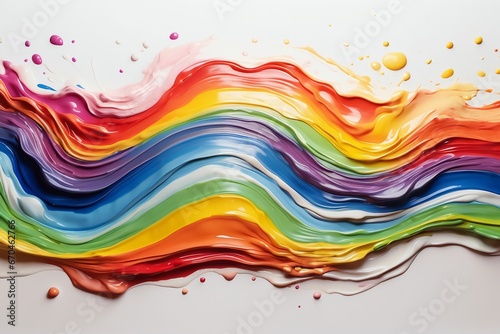 A vibrant, abstract art piece featuring a dynamic wave of rainbow-colored paint splashing across a stark white background photo