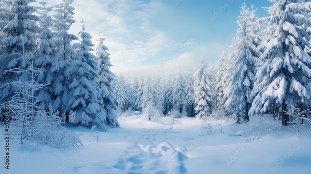 Snow-clad evergreen trees in a serene winter woodland. Winter wonderland, tranquil forest scene, snowy conifers, peaceful snowy forest, natural serenity. Generated by AI. Snow-clad evergreen trees in a serene winter woodland. Winter wonderland, tranquil forest scene, snowy conifers, peaceful snowy forest, natural serenity. Generated by AI.