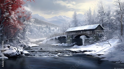 Winter charm, peaceful landscape, wooden bridge in a snowy setting, icy waterway, serene winter beauty. Generated by AI.