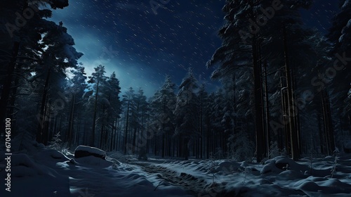 Winter's magic, serene nighttime scene, snowy woods, cold-weather charm, tranquil moonlit beauty. Generated by AI. © Кирилл Макаров