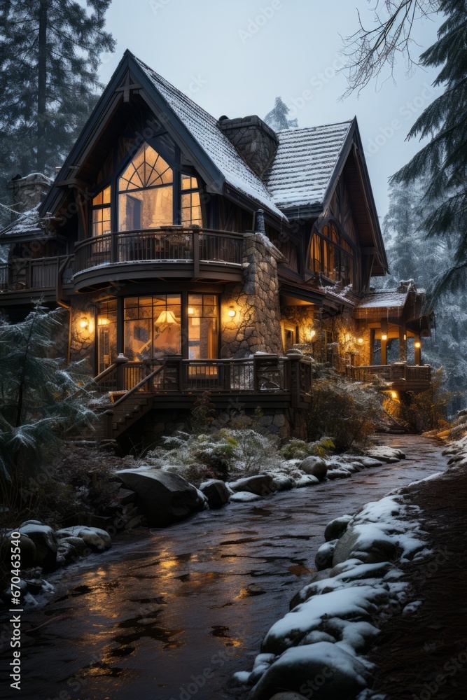 Rustic log cabin house nestled in a snowy forest, Generative AI Rustic log cabin house nestled in a snowy forest, Generative AI