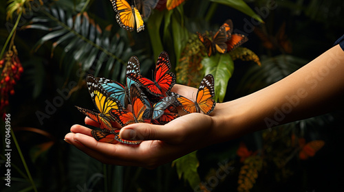 An artwork of hands releasing butterflies, signifying transformation and freedom