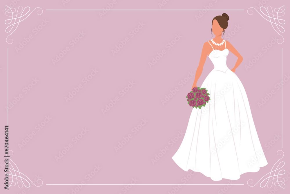 Bride in a white wedding dress with a bouquet of flowers. Luxury wedding banner template for invitation. Illustration, vector