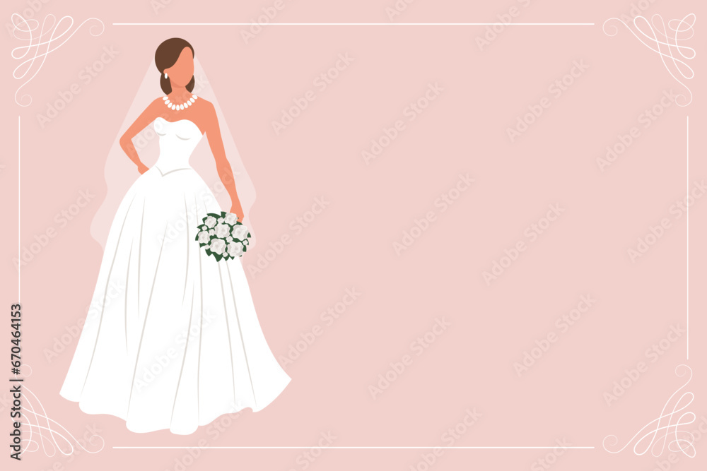 Bride in a white wedding dress with a bouquet of flowers. Luxury wedding banner template for invitation. Illustration, vector