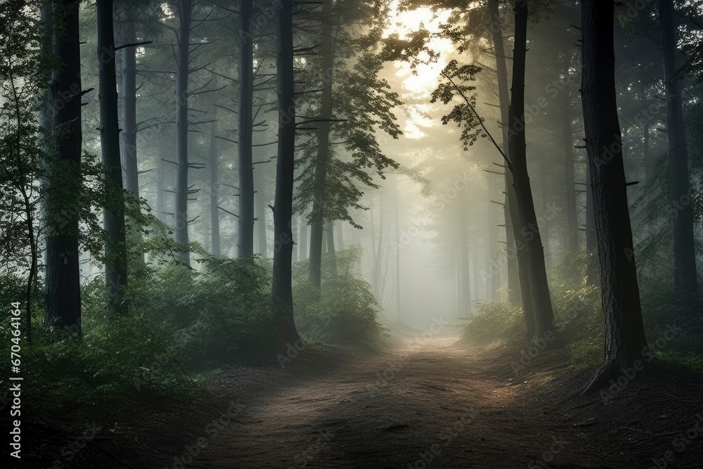 Fototapeta premium Misty landscape with fir forest in hipster vintage retro style