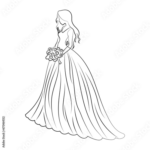 Bride in a wedding dress with a bouquet of flowers on a white background. Line art, sketch, contour drawing, vector