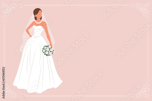 Bride in a white wedding dress with a bouquet of flowers. Luxury wedding banner template for invitation. Illustration  vector