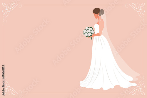 Bride in a white wedding dress with a bouquet of flowers. Luxury wedding banner template for invitation. Illustration  vector