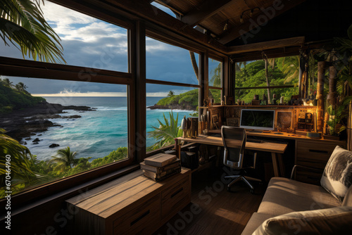 Beachfront office cabin with panoramic ocean views, Generative AI © Shooting Star Std