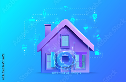 Modern Smart Home Illustration with Internet of Things (IoT) Connectivity and Devices on Vibrant Blue Background. System intelligent control house on blue background. Vector illustration