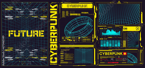 Cyberpunk Futuristic Interface: Digital HUD, Graphical User Panels, and Abstract Technological Elements for Sci-Fi Design. Cyberpunk retro futuristic poster set abstract cosmic shapes. Vector