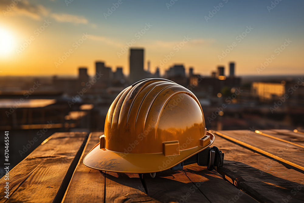 A construction worker safety helmet or hardhat is placed on rooftop of the tower with background of city during orange sunlight shade. Industrial working PPE, safety in workplace scene. - obrazy, fototapety, plakaty 