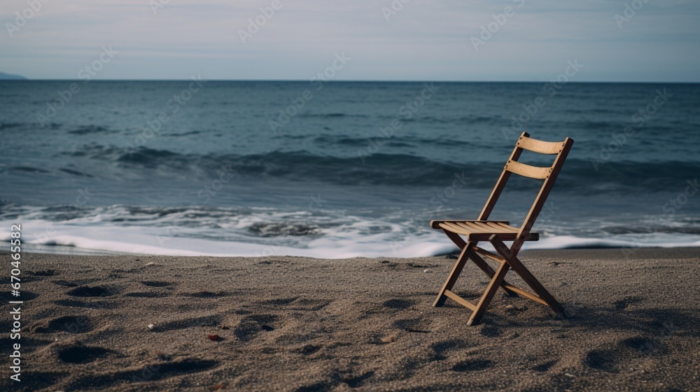 A lone folding chair, simple yet profound in its isolation against the rhythmic waves.