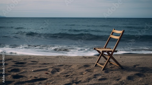 A lone folding chair, simple yet profound in its isolation against the rhythmic waves.