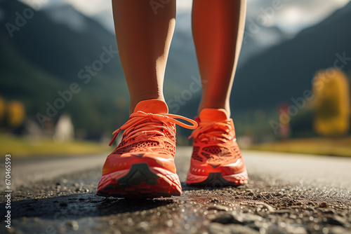 Close-up at the trail runner's feet during running on dirt terrain route with beautiful hill range with orange sunlight shade as background. Extreme sport activity scene.