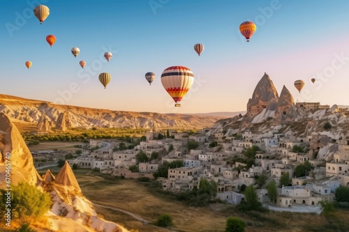 Balloons Cappadocia morning in turkey. Morning holiday at ancient summer hill. Generate Ai