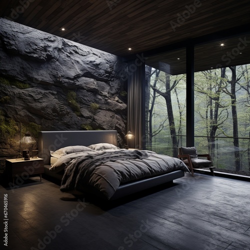 illustration of hyperrealistic modern house interior bedroom dark wo Generative ai