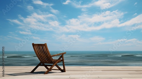 A lone wooden deck chair  facing the horizon where the sky meets the sea.
