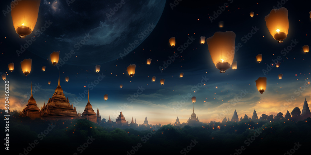  Loy Krathong banner background that showcases the release of khom loi lanterns into the night sky.