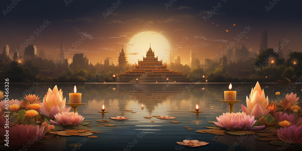 Naklejka premium a banner background with a traditional Loy Krathong scene, complete with candlelit krathongs, candles, and fragrant flowers.