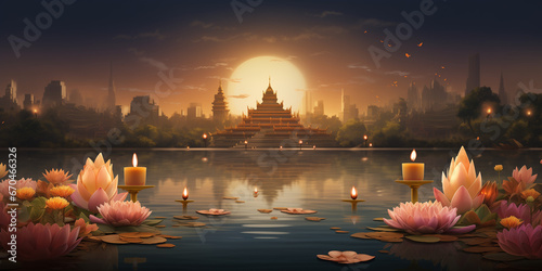 a banner background with a traditional Loy Krathong scene, complete with candlelit krathongs, candles, and fragrant flowers. photo