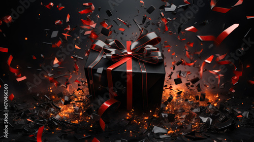 Exploding Present: Black Friday Mock-Up Magic black and red gift box in fire