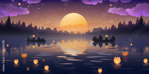 Design a Loy Krathong banner background featuring a serene river at dusk, with krathongs floating on the water's surface.  photo