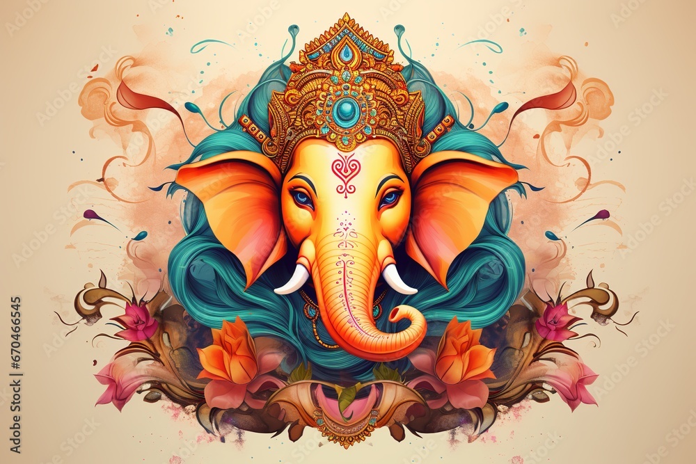 illustration of illustration for Ganesha face in poster color use,Generative ai