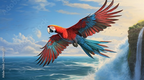 A macaw, wings unfurled, twirling against the ocean's soft roar. © Ahmad