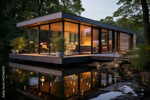  Floating office cabin on a river, blending modernity with nature, Generative AI