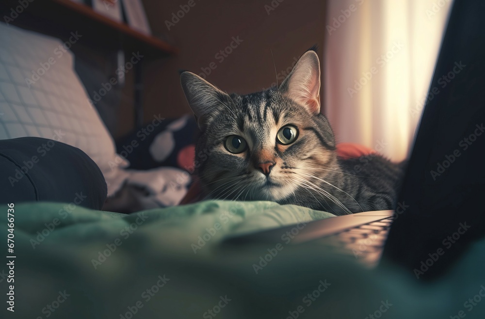 Cat laptop freelancer sitting. Animal pet online internet face interior. Generate Ai