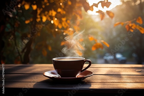 Morning bliss. Aromatic coffee in vintage cup on rustic wooden table. Rustic delight. Hot espresso on sunlit for refreshing break. Cafe charm. Aromatic cappuccino in classic on old surface