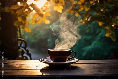 Morning bliss. Aromatic coffee in vintage cup on rustic wooden table. Rustic delight. Hot espresso on sunlit for refreshing break. Cafe charm. Aromatic cappuccino in classic on old surface