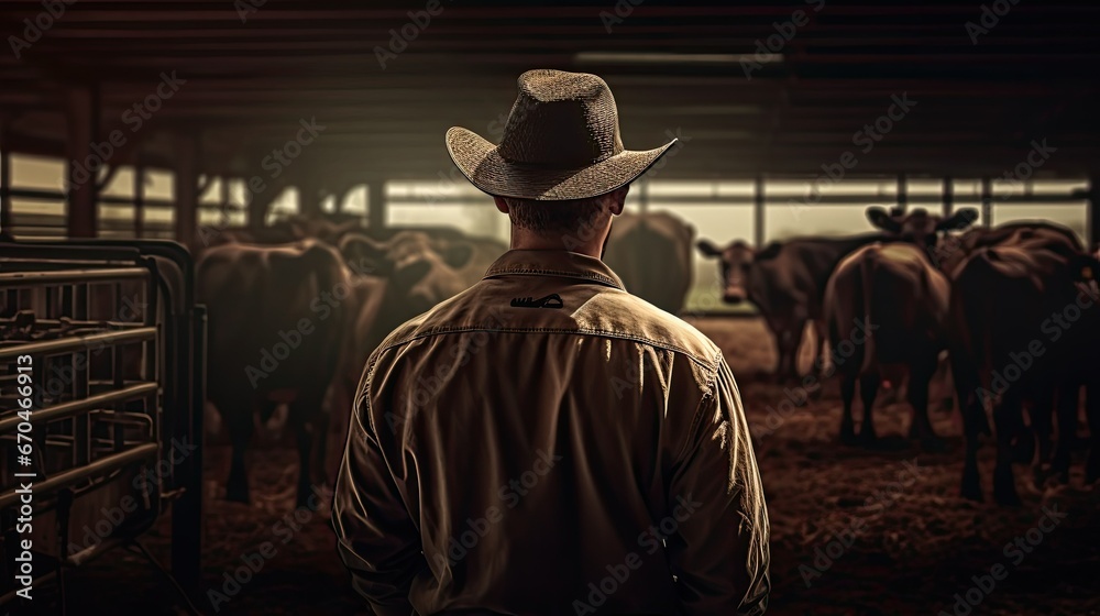  Male farmer in strow hat posing against background of cows in stall