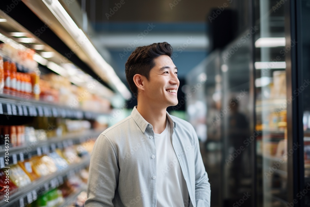 A man customer buying food in grocery store. Supermarket, consumerism concept