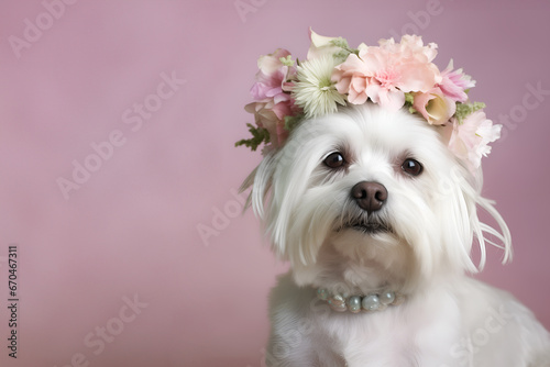 Animal Nature Concept. maltese dog wearing a crown of floral fresh pastel spring wreath flowers. copy space