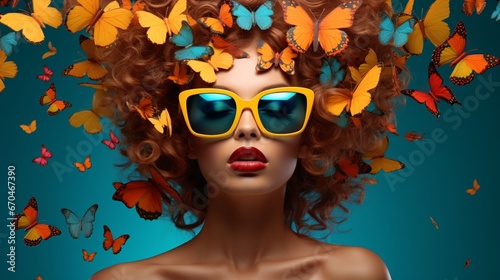 woman in sunglasses with colorful butterflies, bold fashion photography, dark orange teal and yellow, contemporary candy-coated