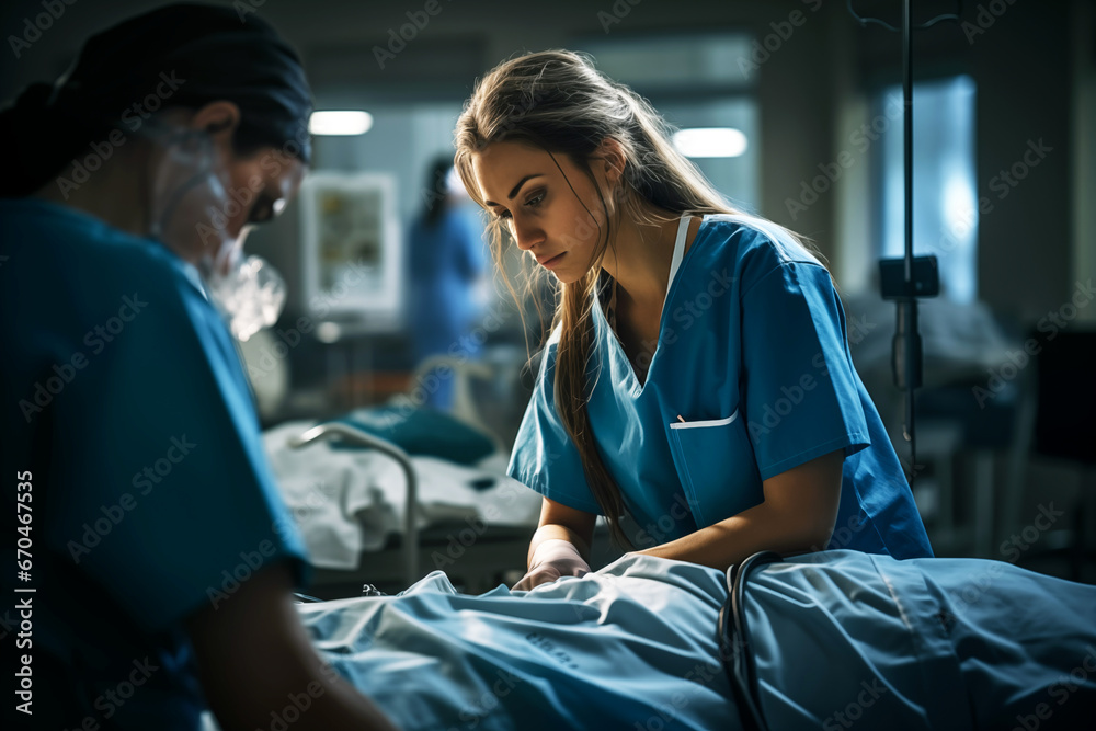 Obraz premium Nurse in uniform at work in a hospital. Health profession. IA.