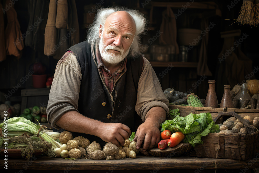 Fototapeta premium Elderly seller next to a vegetable counter at a local farmers market