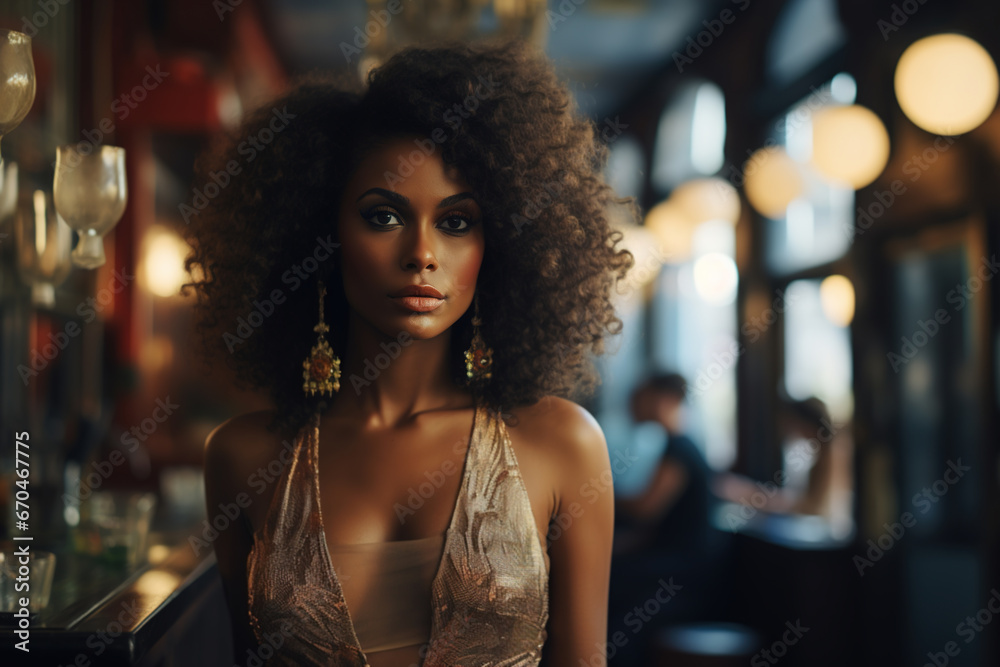 Elegant and glamorous African American woman in evening dress posing in a restaurant