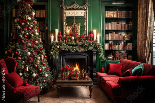 Cozy christmas decoration in living room interior. Generative AI