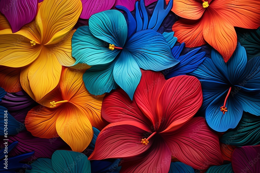 illustration of  jungle leaf pattern Hawaiian hibiscus primary colors, Generative ai - obrazy, fototapety, plakaty 