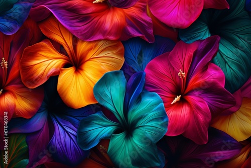 illustration of  jungle leaf pattern Hawaiian hibiscus primary colors, Generative ai photo