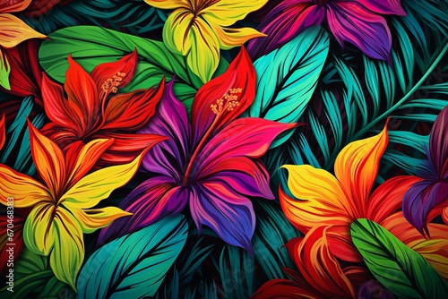 illustration of  jungle leaf pattern Hawaiian hibiscus primary colors  Generative ai