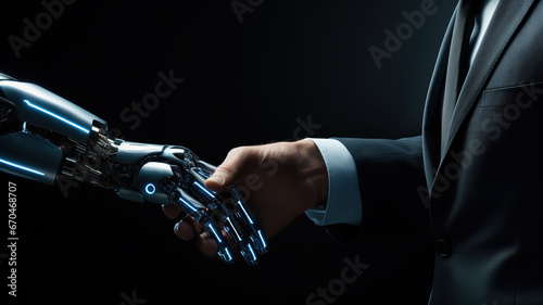 Concept of humans embracing Ai robots and welcoming the arrival of advanced technology © Elaine