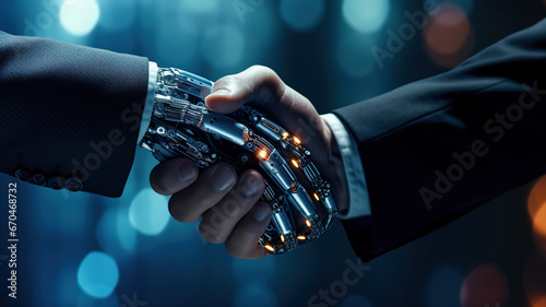 Concept of humans embracing Ai robots and welcoming the arrival of advanced technology photo